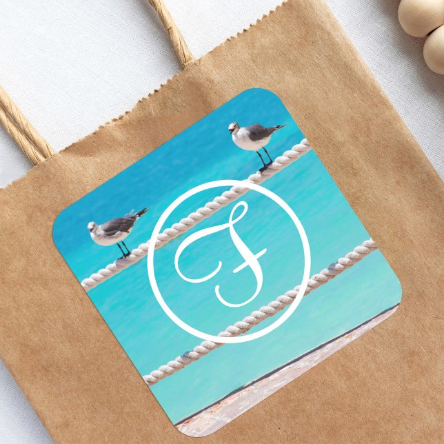 Seagull beach birds photography coastal monogram square sticker (Creator Uploaded)