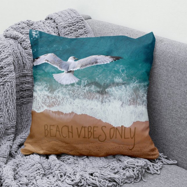 Seagull Beach Vibes Only Seashore Waves Throw Pillow (Creator Uploaded)