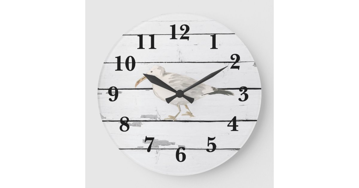 Seagull Bird Beach Shiplap Large Clock | Zazzle
