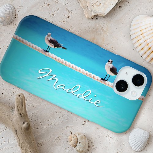 Seagull bird ocean photo custom name script modern iPhone 15 case