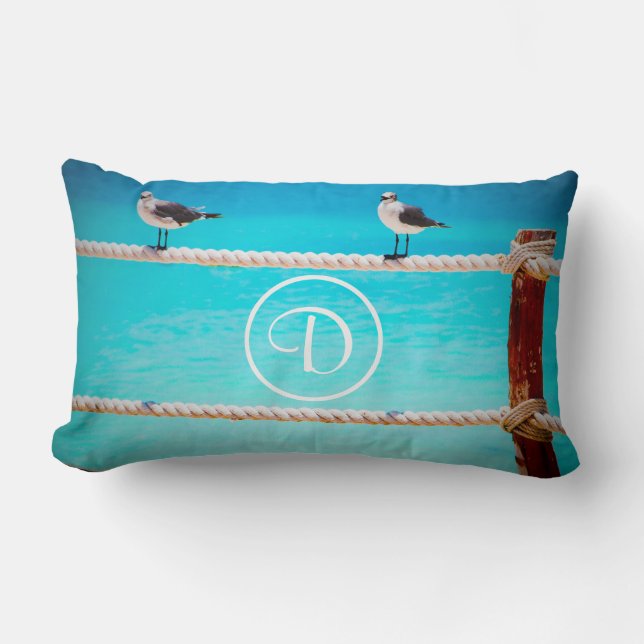 Seagull Bird Turquoise Ocean Photo Custom Monogram Lumbar Pillow (Front)