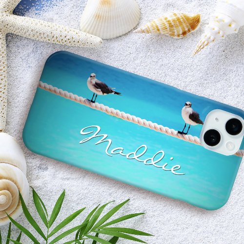 Seagull birds ocean photo typography custom name iPhone 15 plus case