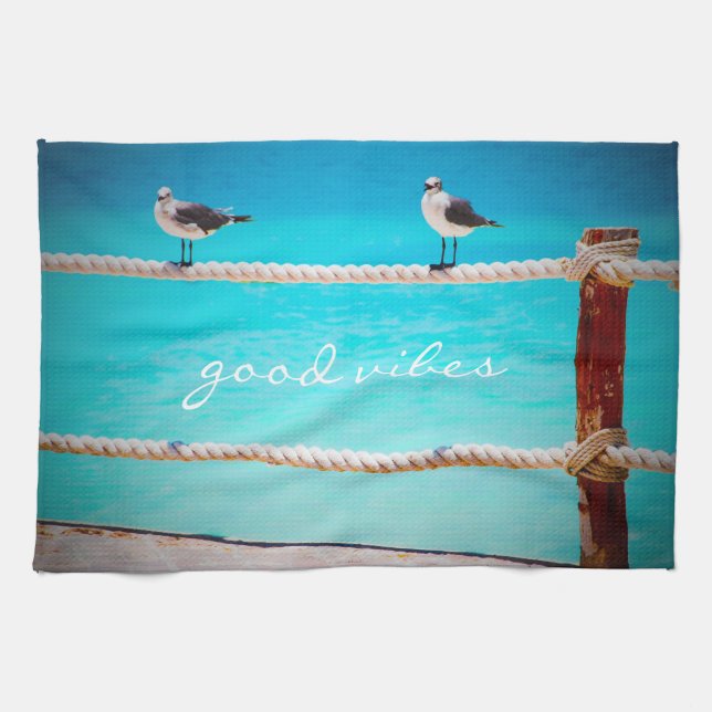 Seagull Birds Turquoise Ocean Photo Good Vibes Towel (Horizontal)