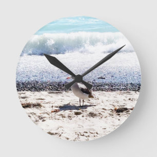 seagull by the ocean on the beach picture round clock