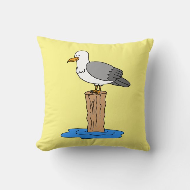 Seagull Cartoon Beach Summer Cute Yellow Throw Pillow (Front)