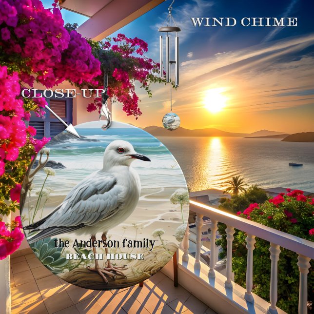 Seagull Coastal Beach House  Wind Chime (Wind chime featuring a painting of a seagull - beach house - coastal - seabird - ocean - beach)