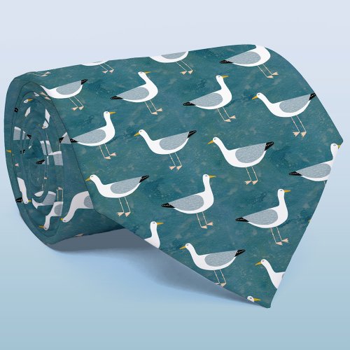 Seagull Coastal Bird Green Pattern Neck Tie