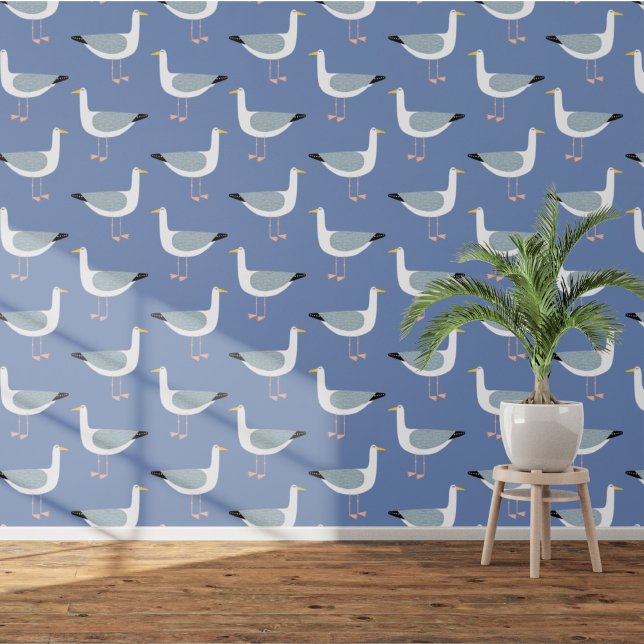 Seagull Coastal Blue Wallpaper (Fun seagull nautical coastal blue wallpaper)