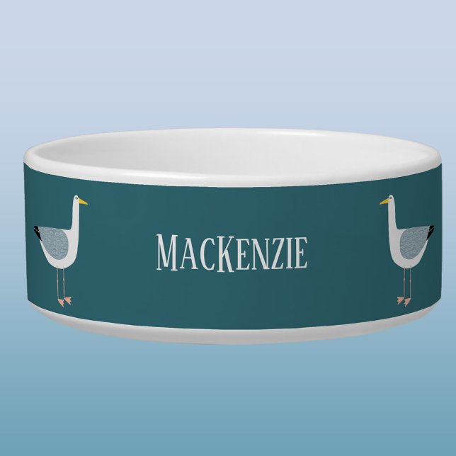 Seagull Coastal Personalized Pet Bowl (Fun seagull coastal themed personalized name dog or pet bowl)