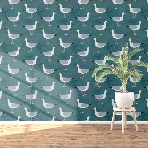 Seagull Coastal Teal Green Wallpaper