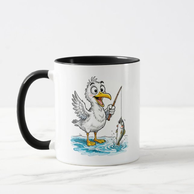 Seagull Fishing with Rod in Shallow Water Mug (Left)