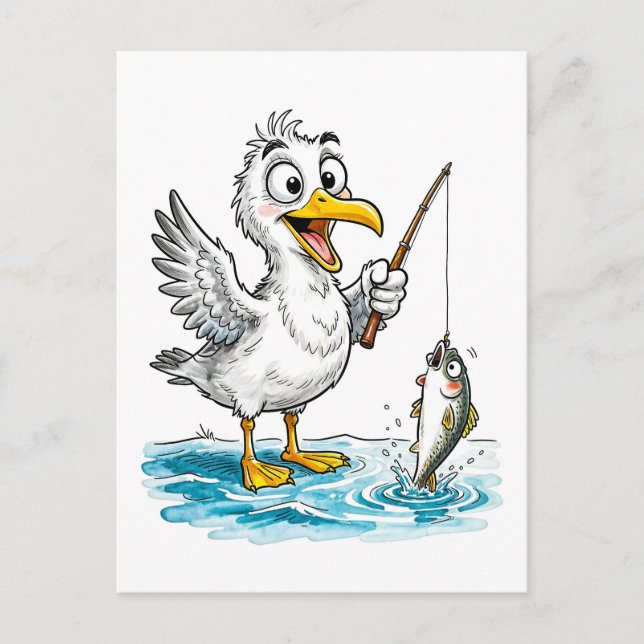 Seagull Fishing with Rod in Shallow Water Postcard (Front)