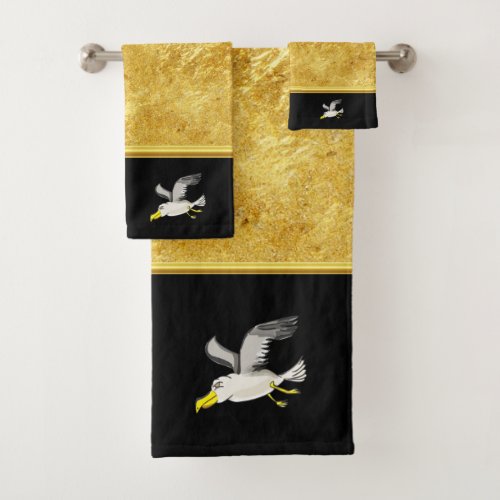 Seagull flying over head with a gold foil design bath towel set