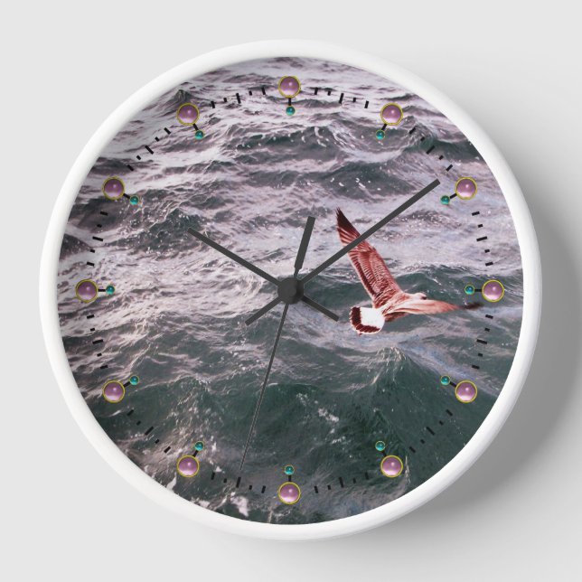 SEAGULL FLYING OVER THE SEA WAVES, Pink Gemstones Wall Clock (Front)