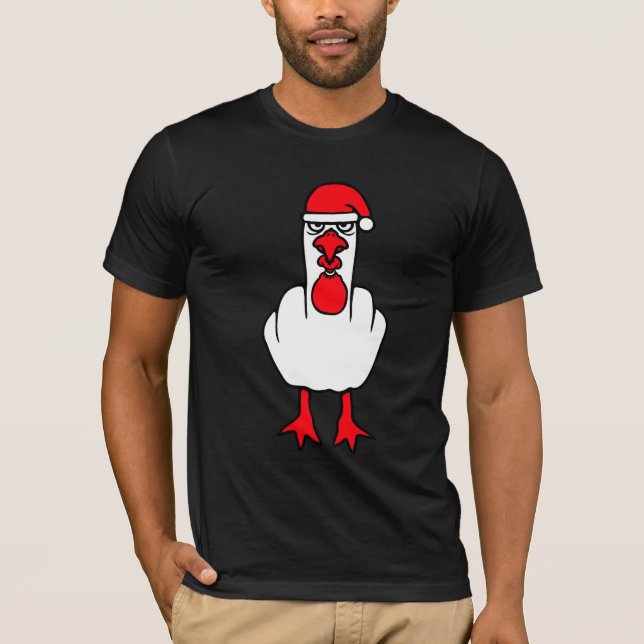 Seagull Grumpy Santa Hat Middle Finger Angry XMas T-Shirt (Front)
