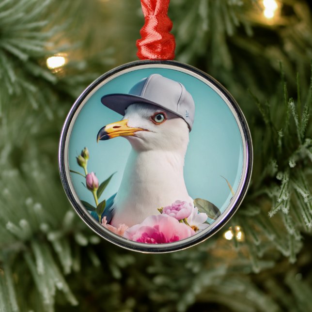 Seagull in a hat with peonies toy metal ornament (Tree)