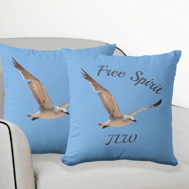 Seagull in Flight Free Spirit Sky Blue Throw Pillow (Creator Uploaded)