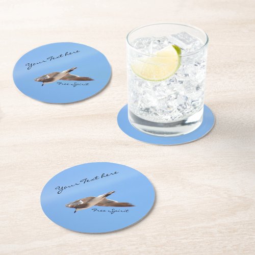 Seagull in Flight in Blue Sky Round Paper Coaster