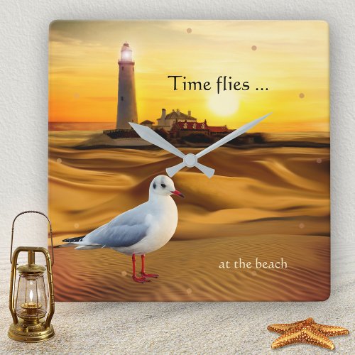 Seagull Lighthouse Beach Sunset Wall Clock