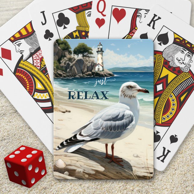 Seagull Lighthouse Coastal Beach Poker Cards (Playing cards showing an elegant illustration of a relaxing beach scene with lighthouse and seagull)