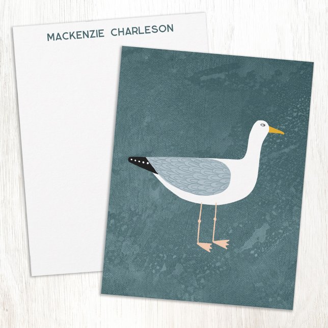Seagull Nautical Coastal Bird Personalized Note Card (Seagull coastal bird personalized custom name or text notecards)
