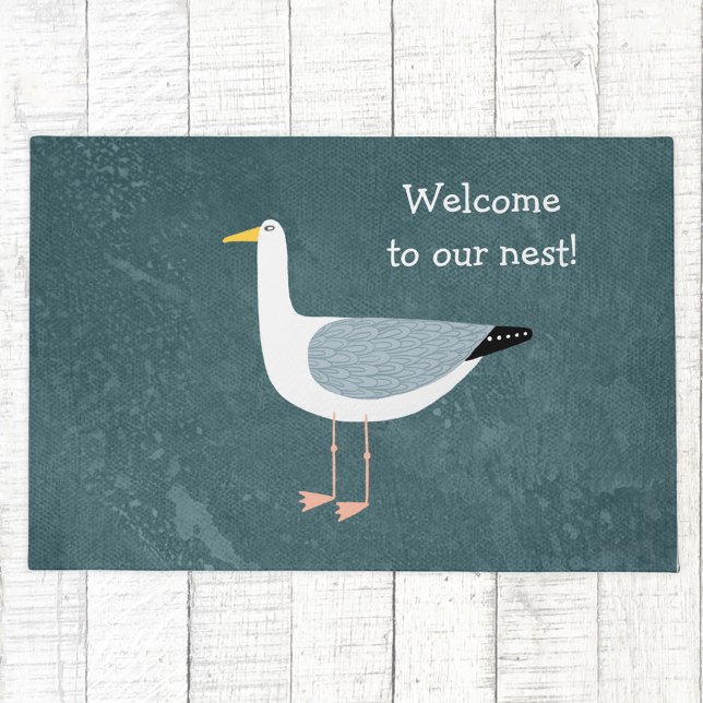 Seagull Nautical Doormat (Fun seagull bird custom text coastal doormat)