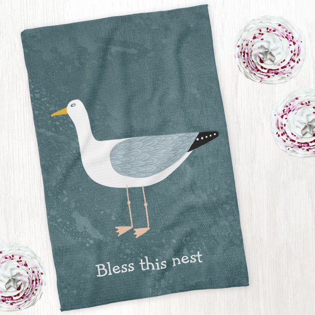 Seagull Nautical Kitchen Towel (Seagull Bless this Nest custom text kitchen tea towel)