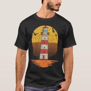 Seagull Nautical Sea Ocean Retro Sunset Lighthouse T-Shirt