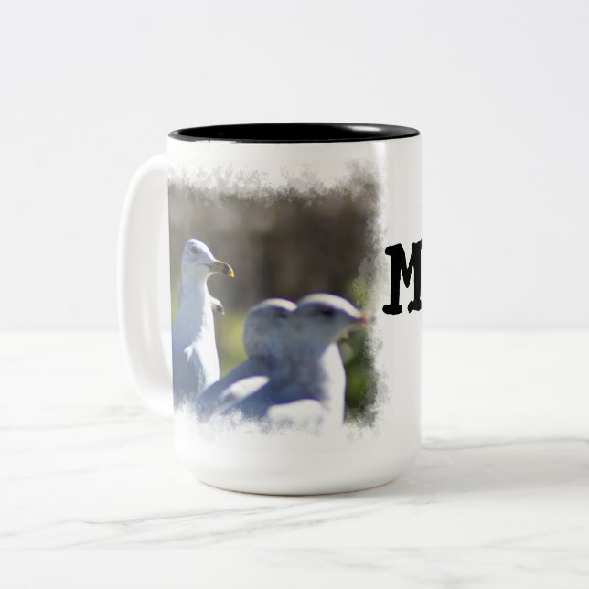 Seagull on a Rail White Border Two-Tone Coffee Mug (Front Left)
