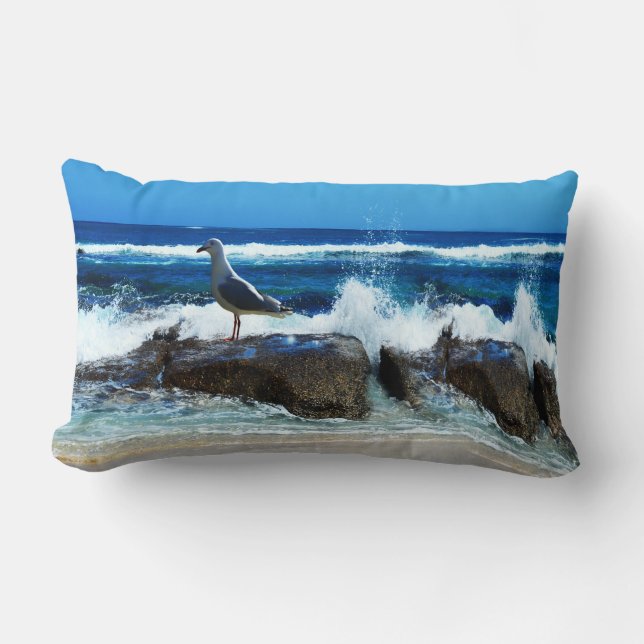Seagull On Beach Rocks, Lumbar Pillow (Front)
