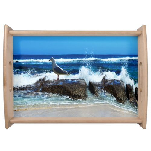 Seagull On Beach Rocks Serving Tray