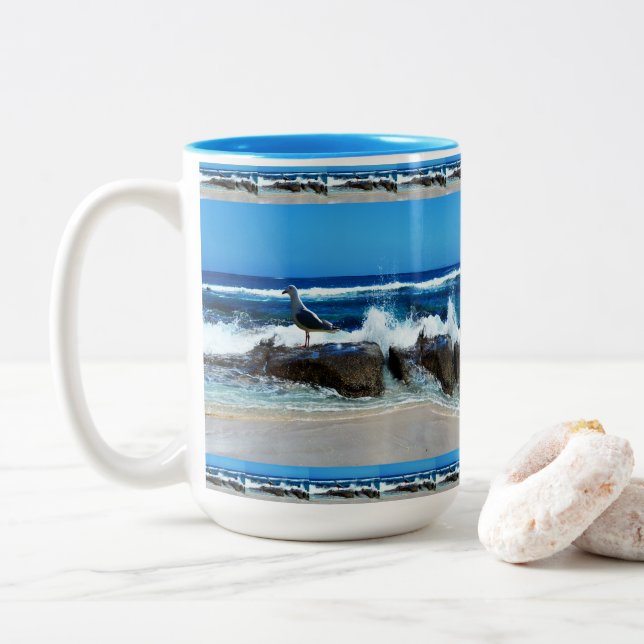 Seagull On Beach Rocks, Two-Tone Coffee Mug (With Donut)
