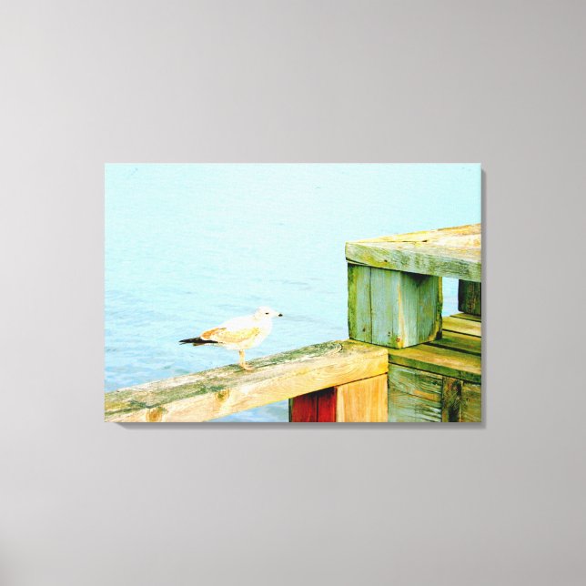 seagull on dock wrapped canvas print (Front)