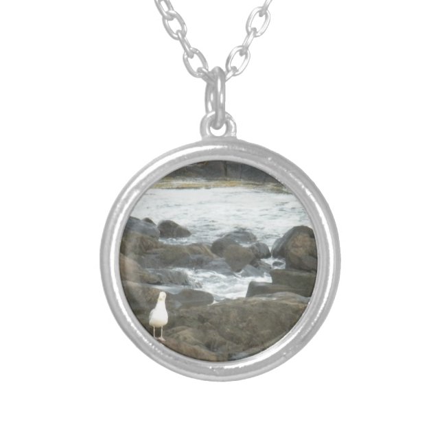 Seagull on rocks silver plated necklace (Front)