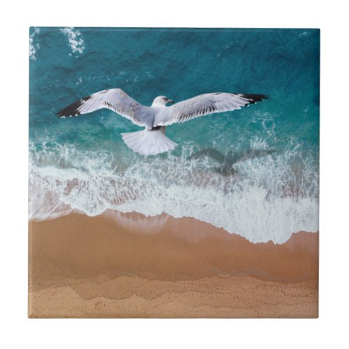 Seagull over the Sea Shore Ceramic Tile