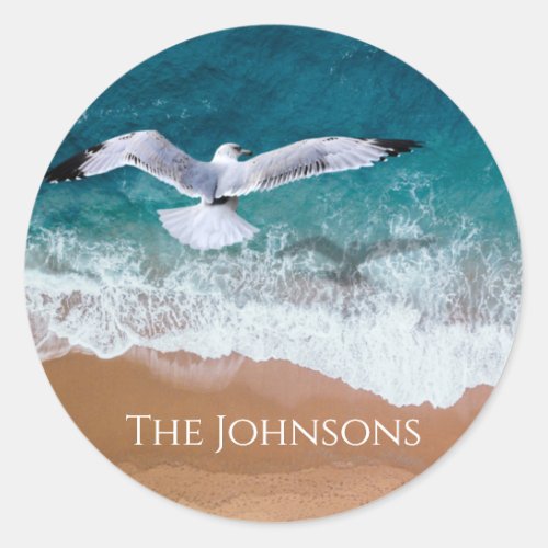 Seagull over the Sea Shore Classic Round Sticker