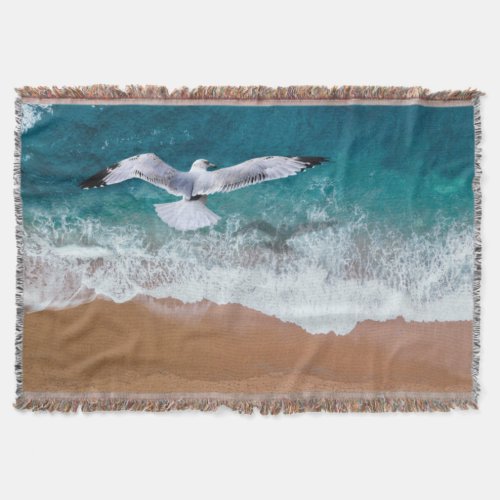 Seagull over the Sea Shore Throw Blanket