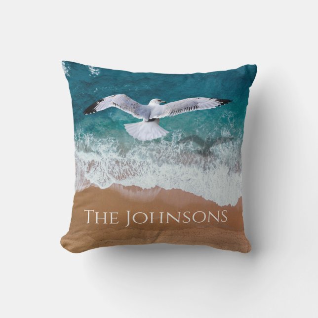 Seagull over the Sea Shore Throw Pillow (Front)