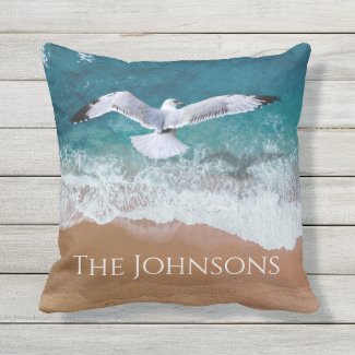 Seagull over the Sea Shore Throw Pillow