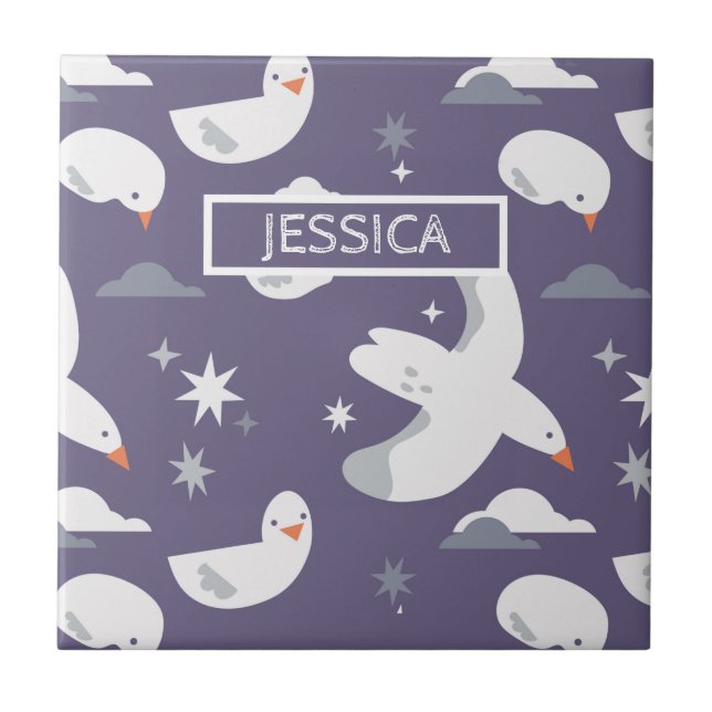 Seagull Pattern Nautical Ocean Nature Birds Name Ceramic Tile (Front)