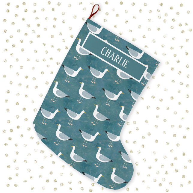 Seagull Personalized  Large Christmas Stocking (Personalized custom name seagull coastal Christmas stocking)