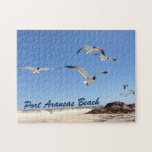 Seagull Photography Pretty Port Aransas Beach Jigsaw Puzzle<br><div class="desc">Pretty seaside photograph of the seagulls flying over the shore of Port Aransas Beach in Texas. A great seashore photo puzzle for a Texan who loves Mustang Island in the summer. Birds that fly over the ocean and sand are a party of every ocean vacation by the sea.</div>