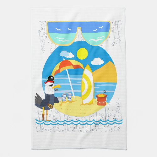 Seagull Pirate on the Beach Humor Kitchen Towel