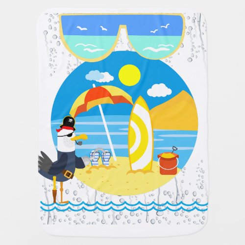 Seagull Pirate on the beach with Umbrella  Baby Blanket