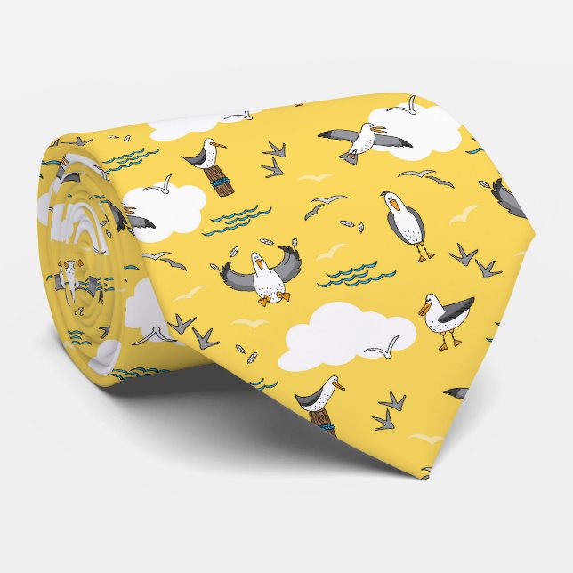 Seagull Sea Birds Beach Mustard Yellow Wedding Neck Tie (Rolled)