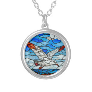 Seagull stained glass silver plated necklace
