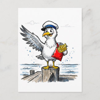 Seagull Stealing French Fries Marine Ink Illustrat Postcard