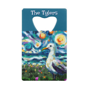 Seagull Van Gogh Style Beach Personalized Credit Card Bottle Opener