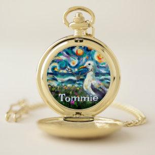 Seagull Van Gogh Style Beach Personalized Pocket Watch