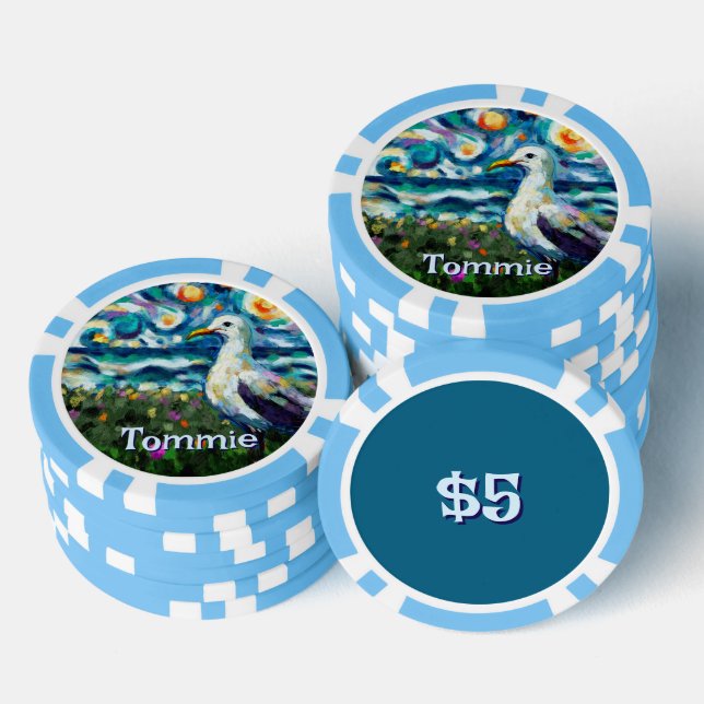 Seagull Van Gogh Style Beach Personalized Poker Chips (Stack)